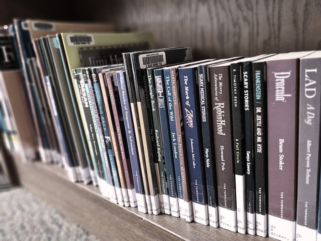 Small books aligned on the bottom of a shelf. All of them are specifically labeled for Adult Literacy. 