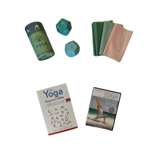 2 12-sided soft dice in paper tube ; 3 resistance bands and instruction manual in bag, book, 6 DVDs