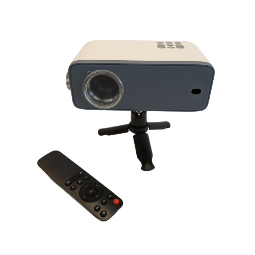 White projector with a gray front and a remote