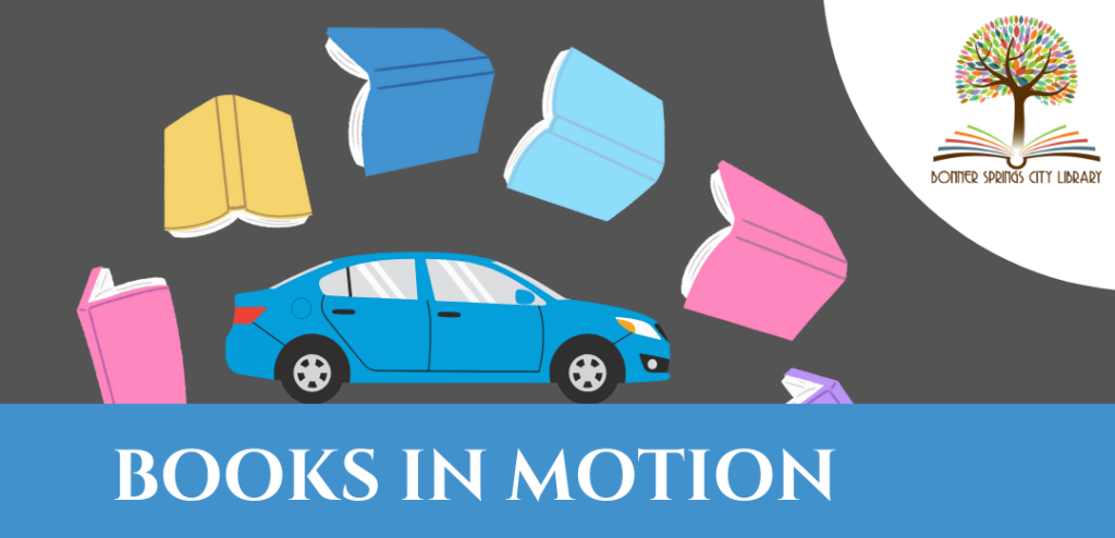 A blue car surrounded by pastel colored books flying in the air with the Library logo closeby.
